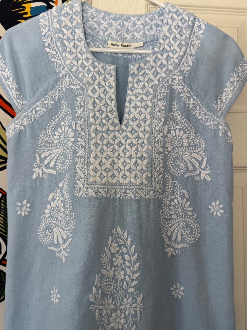ROLLER RABBIT, FAITH DRESS IN BEAUTIFUL LIGHT POWDER BLUE WITH WHITE EMBROIDERY